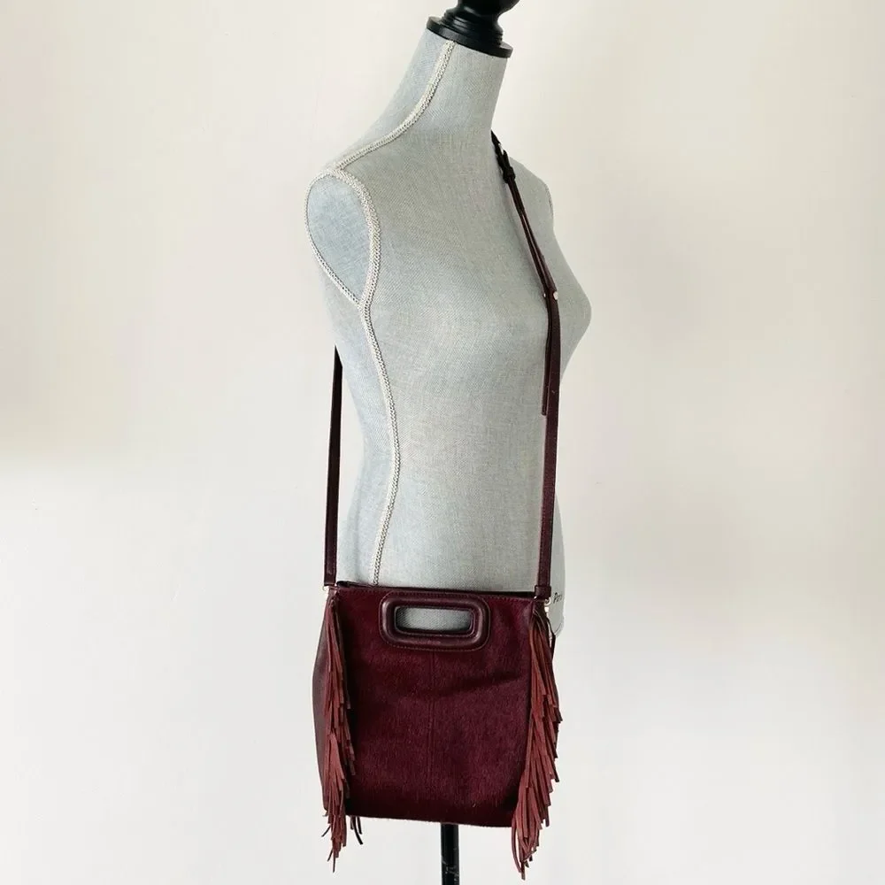 Maje Maroon Burgundy Cowhide Fringe Bag Crossbody Clutch Bag Boho Chic Festival
